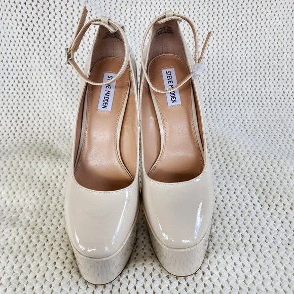 Steve Madden Womens Skyrise Platform Pumps Bone Patent Chunky Heel size 9M - Picture 2 of 9